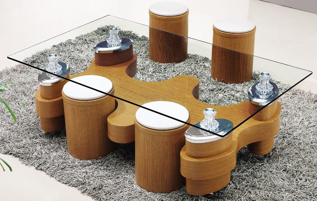 Glass Coffee Table with Stools