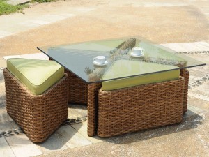 Rattan Coffee Table with Stools